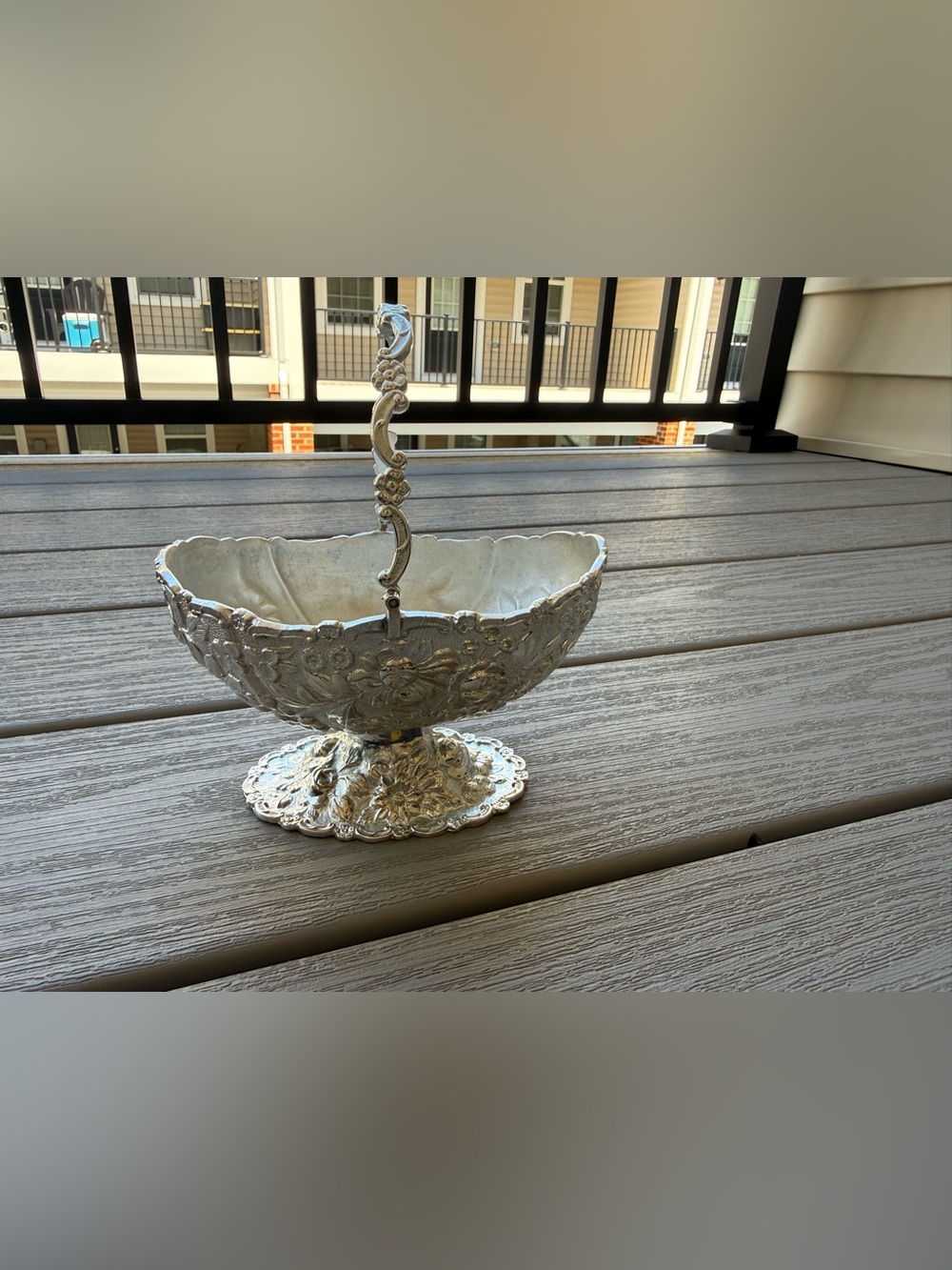 Vintage Silver Tone Floral Basket with Handle | Ornate Footed Decorative Bowl